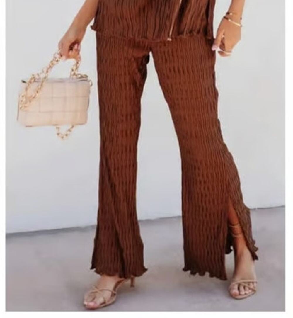 VICI Drift Away Textured Flare Leggings Pants Slit Bell Bottoms High Rise Brown